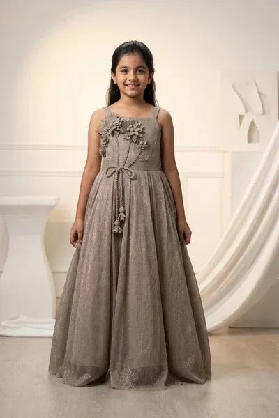 Fawn Shimmer Party Wear Gown with 3D Floral Appliqué For Girls